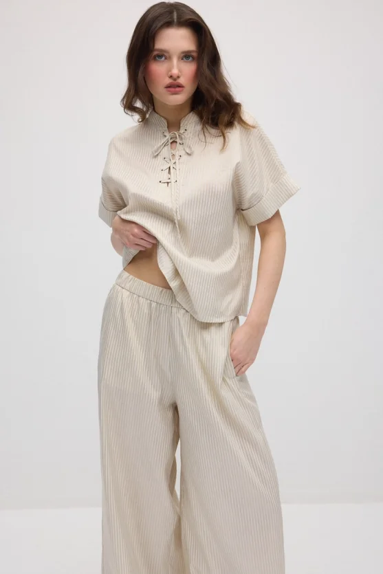 Wide-Leg Elastic Waist Lyocell Pants - Beige - 3