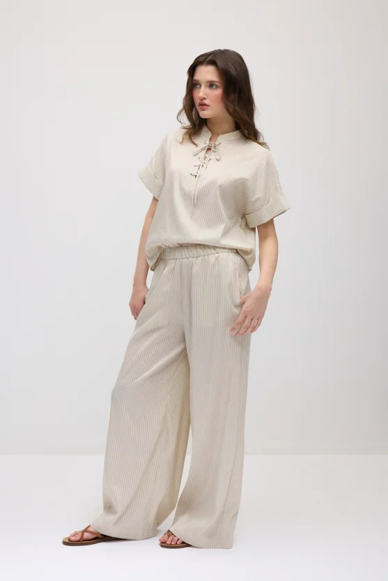 Wide-Leg Elastic Waist Lyocell Pants - Beige - Gusto