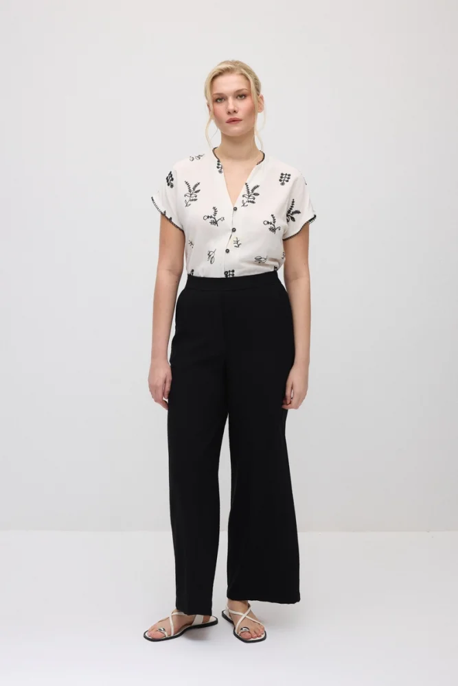 Wide-Leg Elastic Waist Viscose Pants - Black Black