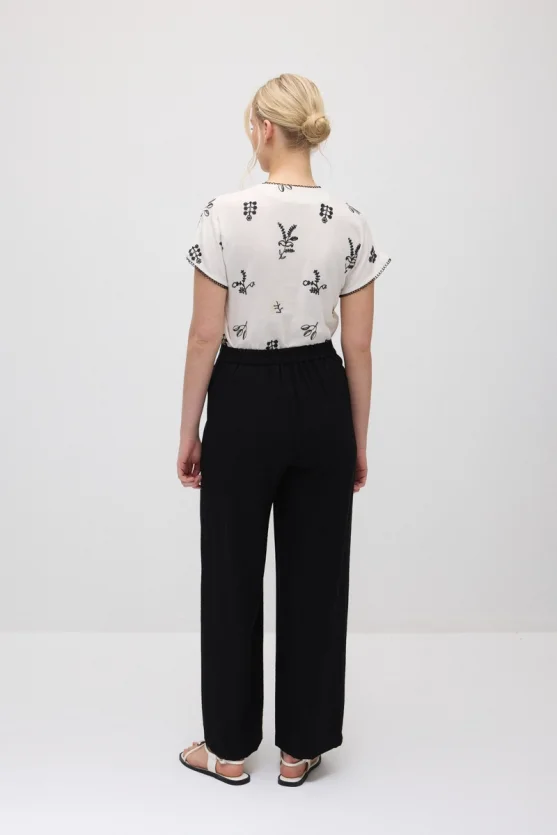 Wide-Leg Elastic Waist Viscose Pants - Black - 5