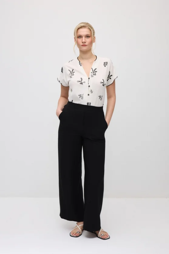Wide-Leg Elastic Waist Viscose Pants - Black - Gusto