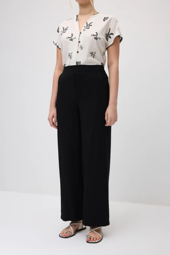 Wide-Leg Elastic Waist Viscose Pants - Black - Gusto