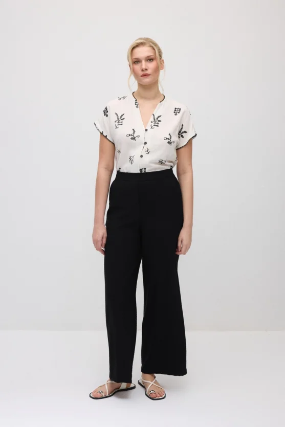 Wide-Leg Elastic Waist Viscose Pants - Black - Gusto