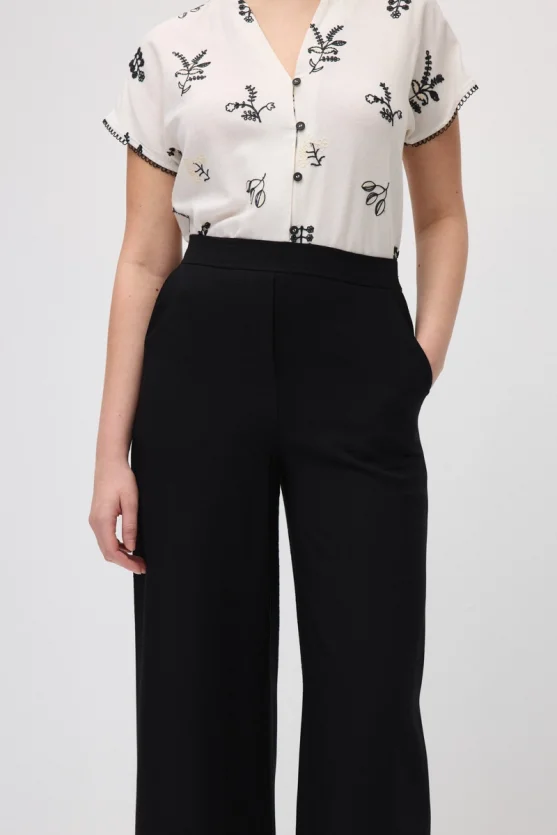 Wide-Leg Elastic Waist Viscose Pants - Black - Gusto