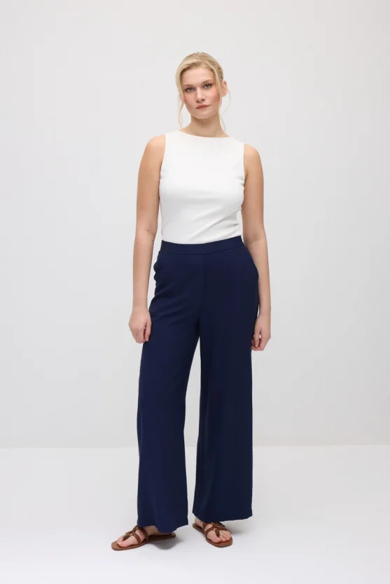 Wide-Leg Elastic Waist Viscose Pants - Navy Blue - 1