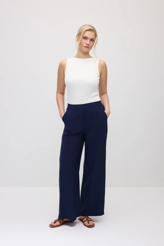 Wide-Leg Elastic Waist Viscose Pants - Navy Blue - 3