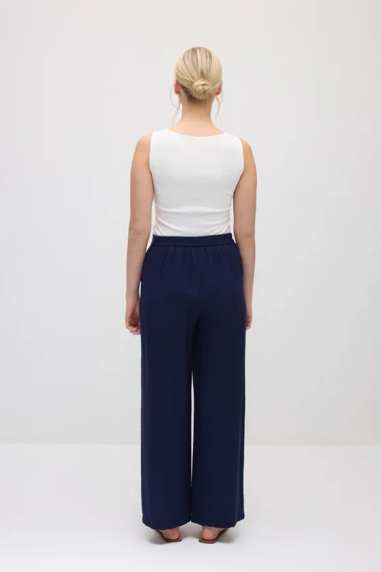 Wide-Leg Elastic Waist Viscose Pants - Navy Blue - 6