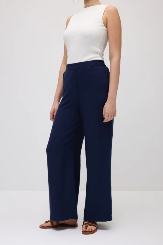 Wide-Leg Elastic Waist Viscose Pants - Navy Blue - Gusto