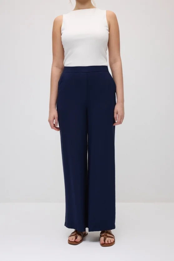Wide-Leg Elastic Waist Viscose Pants - Navy Blue - 4