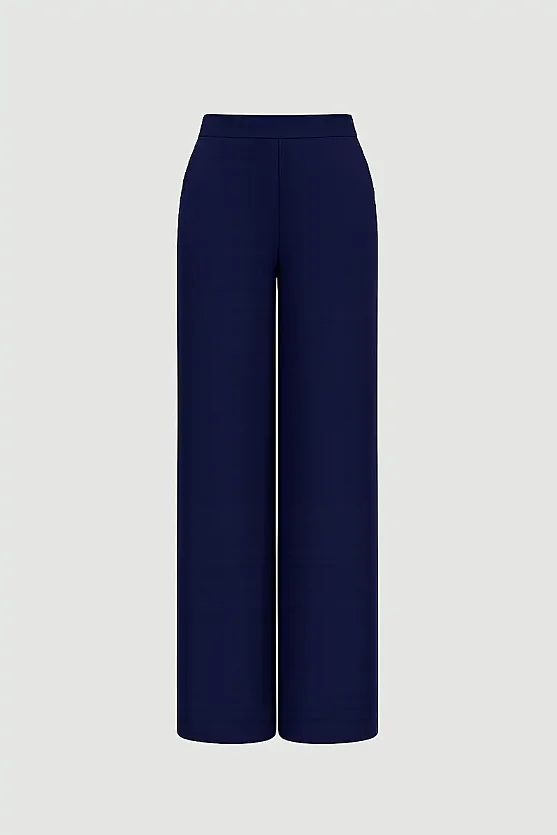 Wide-Leg Elastic Waist Viscose Pants - Navy Blue - Gusto