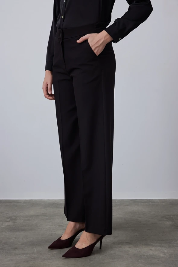 Wide Leg Fabric Pants - Black - 2