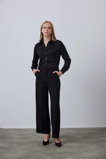 Wide Leg Fabric Pants - Black Black