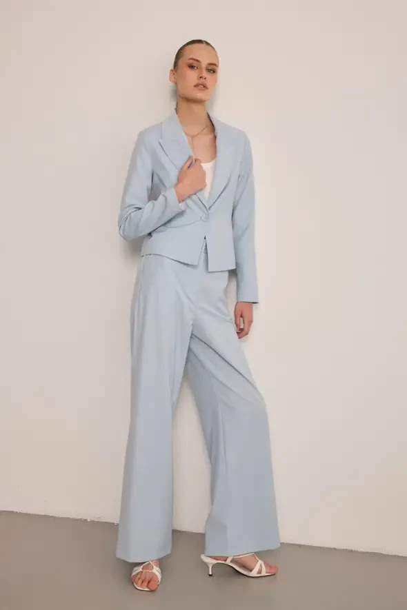 Wide Leg Fabric Pants - Blue - 6