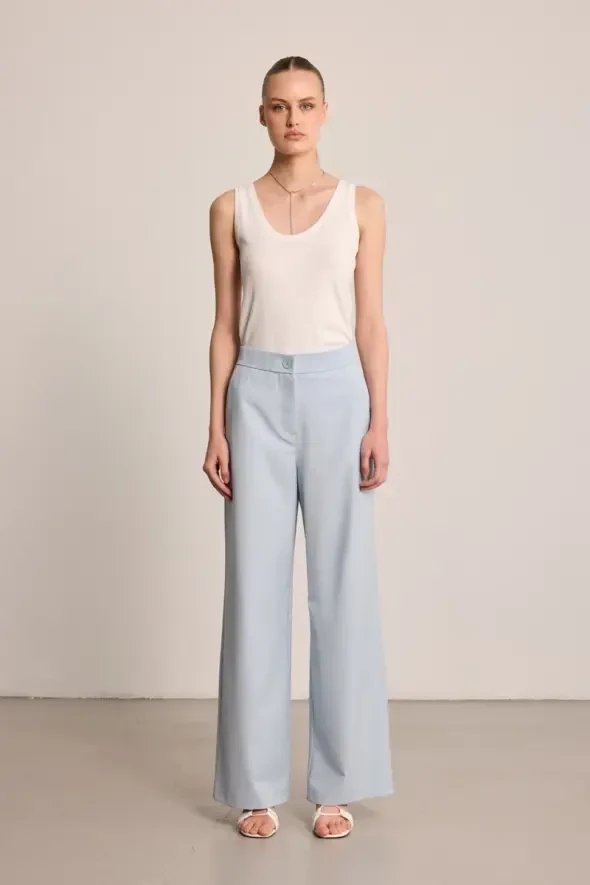 Wide Leg Fabric Pants - Blue - 10