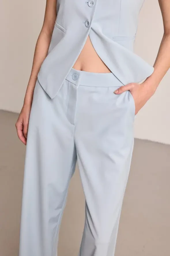Wide Leg Fabric Pants - Blue - 2