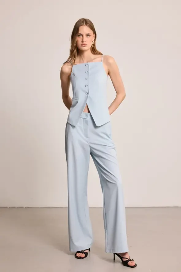 Wide Leg Fabric Pants - Blue - 3