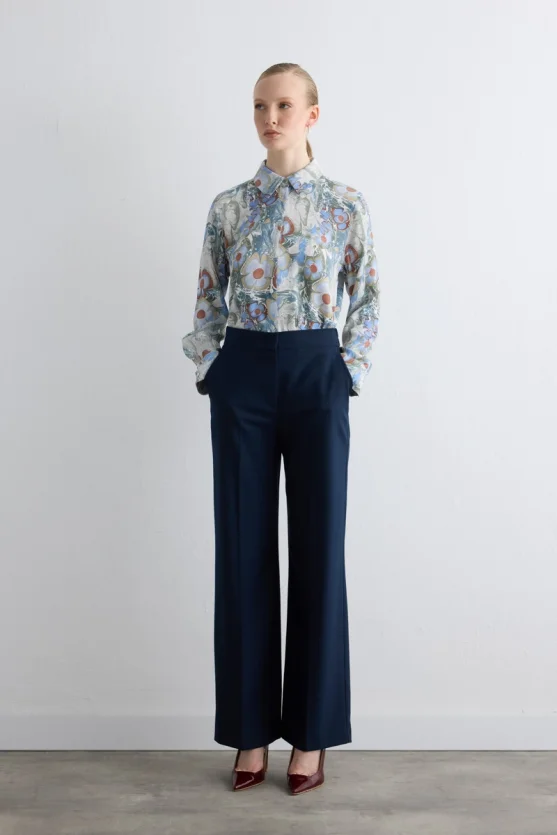 Wide-Leg Glitter Striped Pants - Navy - 1