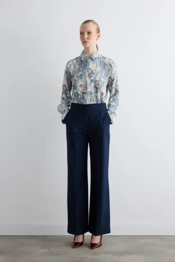 Wide-Leg Glitter Striped Pants - Navy - Gusto