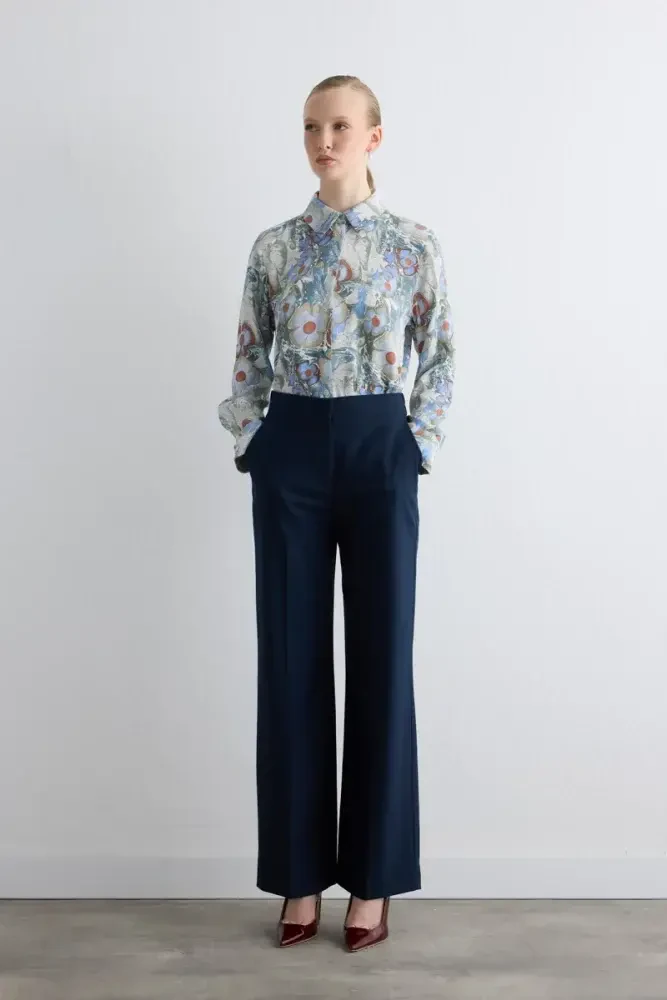 Wide-Leg Glitter Striped Pants - Navy - Gusto