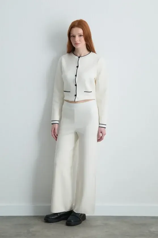 Wide-Leg Knit Pants - Ecru - 1