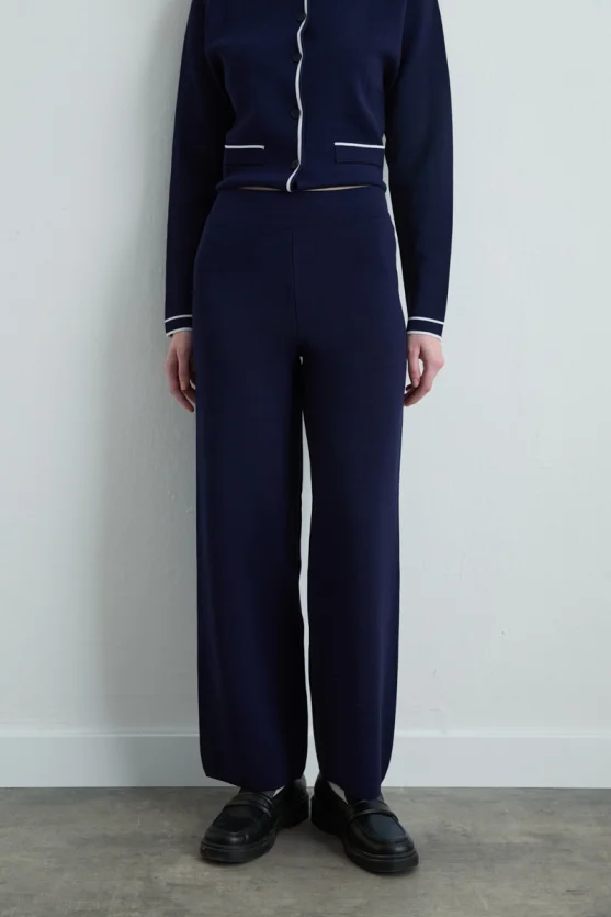 Wide Leg Knit Pants Navy Blue - 2