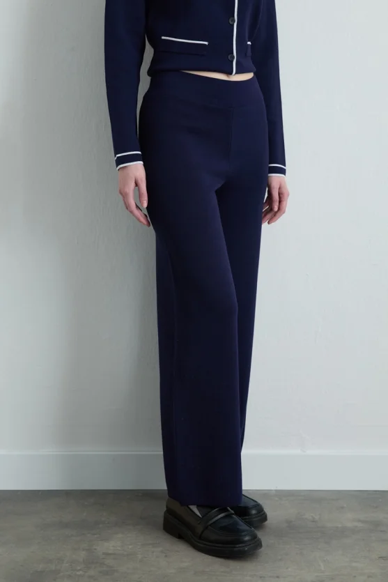 Wide Leg Knit Pants Navy Blue - Gusto