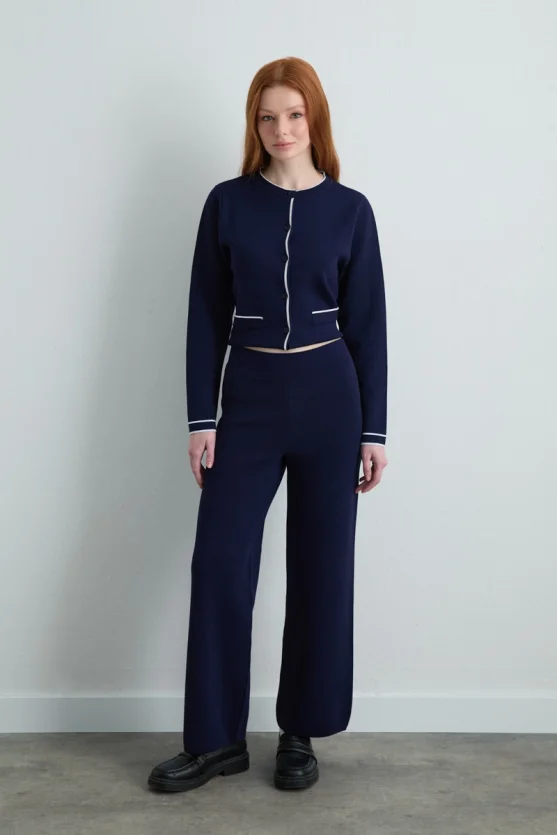 Wide Leg Knit Pants Navy Blue - 1