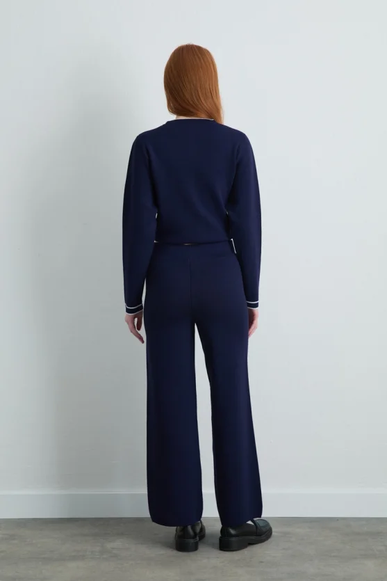 Wide Leg Knit Pants Navy Blue - 4