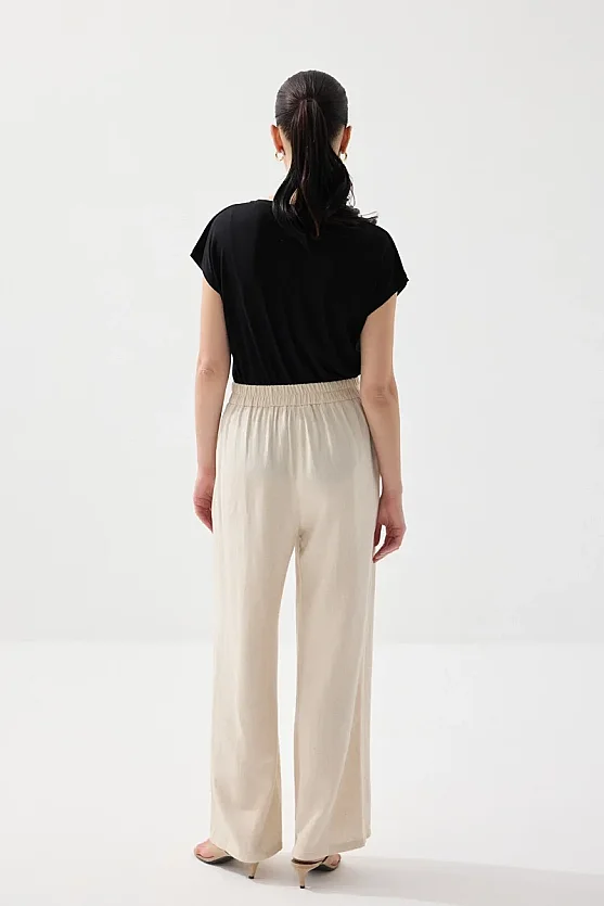 Wide Leg Linen Pants - Beige - 6