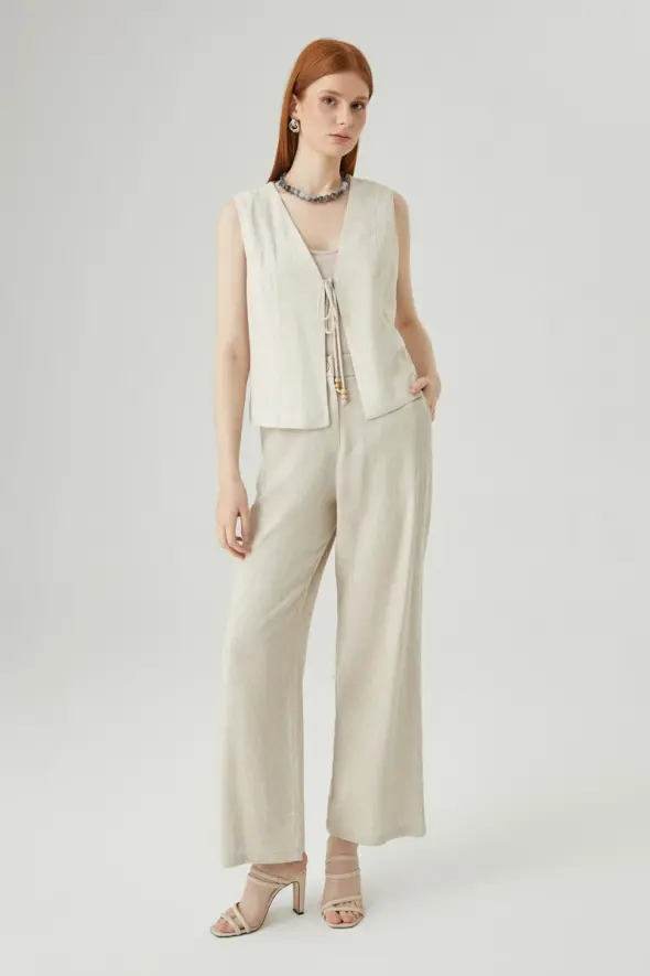 Wide Leg Linen Pants - Beige - 3