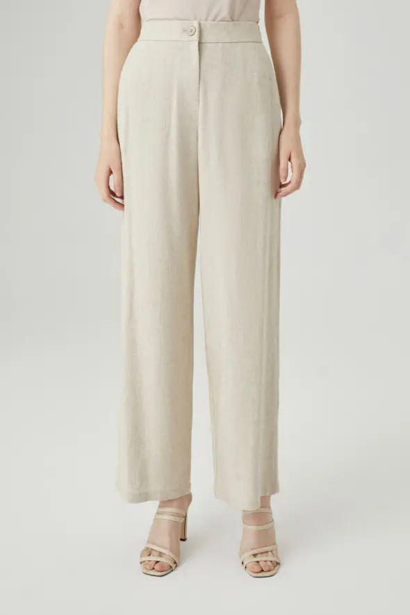 Wide Leg Linen Pants - Beige - 1