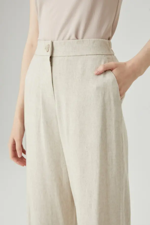 Wide Leg Linen Pants - Beige - 4