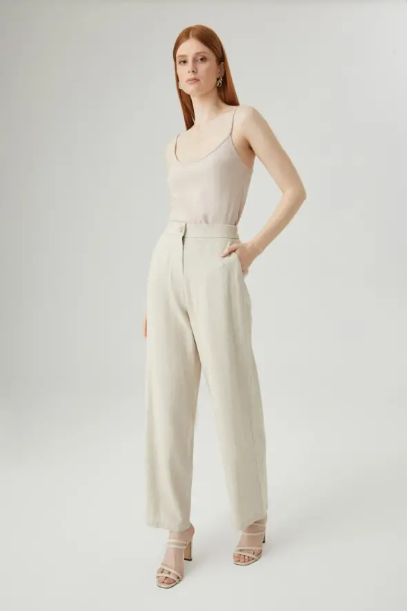 Wide Leg Linen Pants - Beige - 2