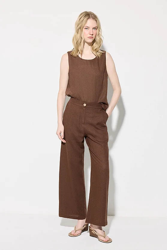 Wide Leg Linen Pants - Brown - Gusto