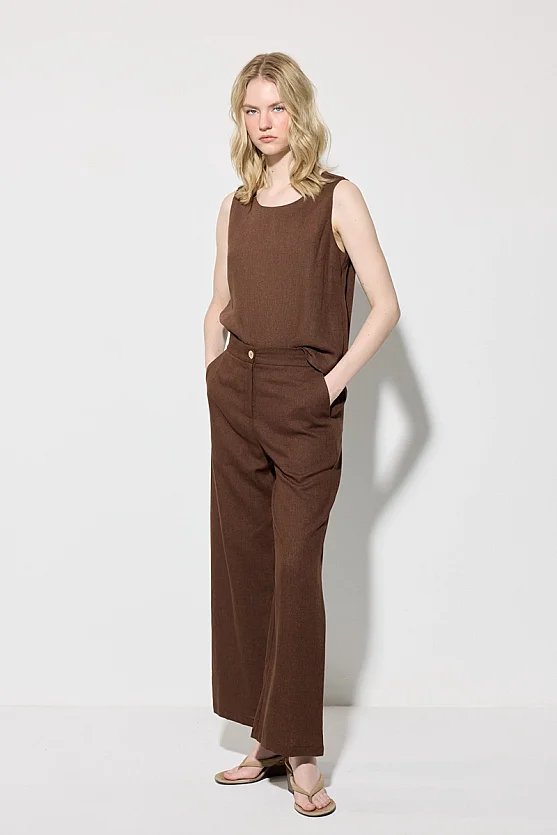 Wide Leg Linen Pants - Brown - Gusto