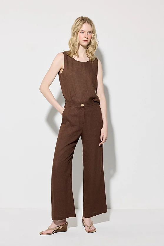 Wide Leg Linen Pants - Brown - Gusto
