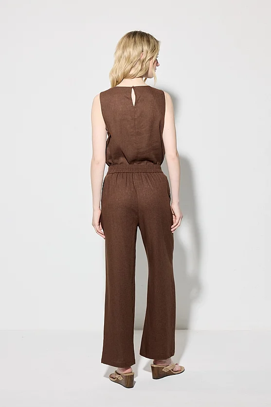 Wide Leg Linen Pants - Brown - 6