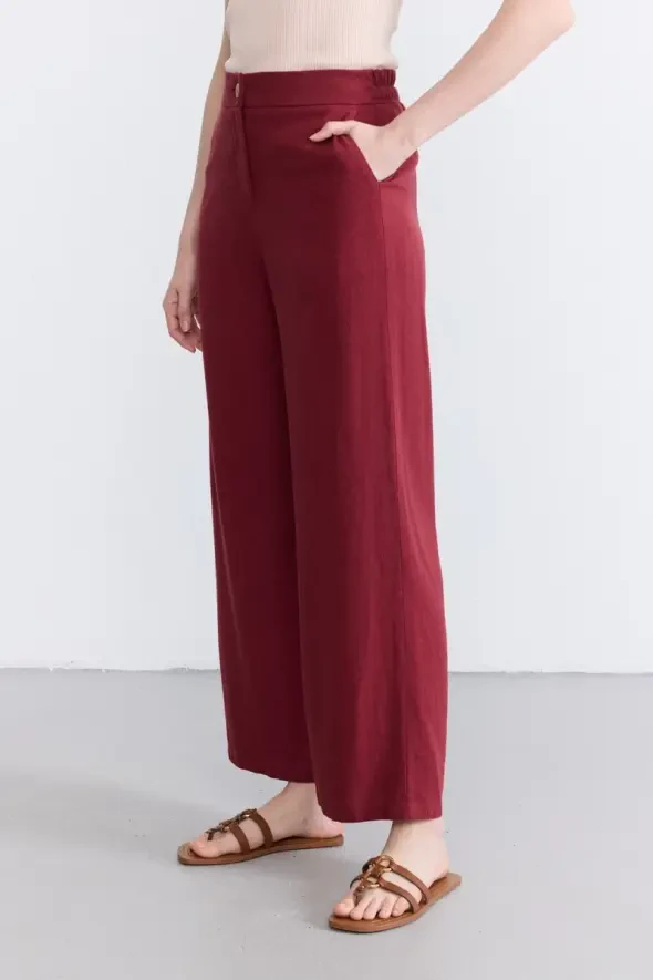 Wide Leg Linen Pants - Burgundy - 1