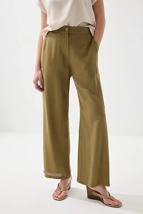 Wide Leg Linen Pants - Khaki - Gusto