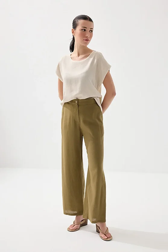 Wide Leg Linen Pants - Khaki - Gusto