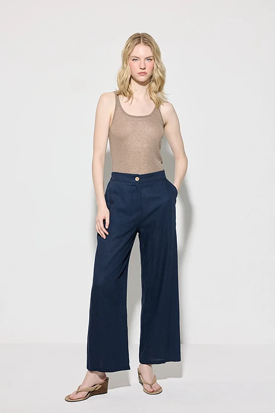Wide Leg Linen Pants - Navy Blue - Gusto
