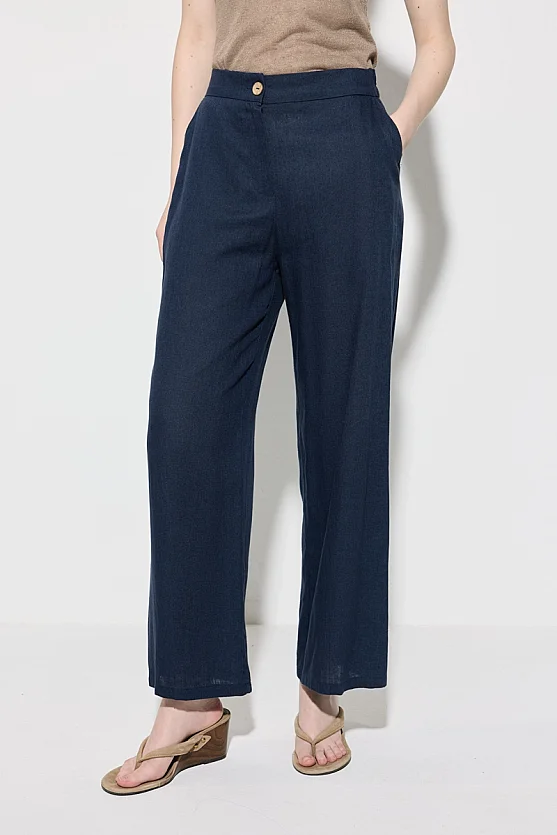 Wide Leg Linen Pants - Navy Blue - Gusto