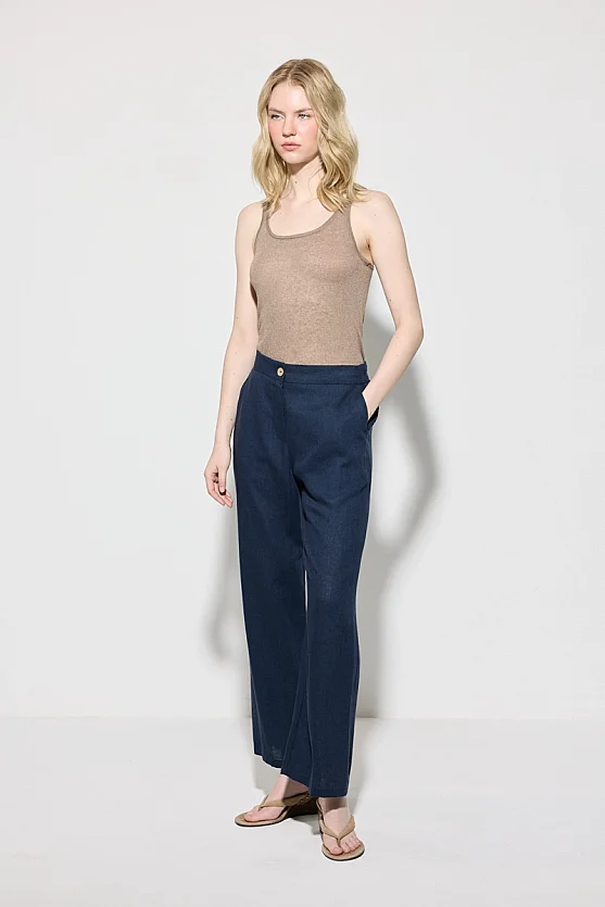 Wide Leg Linen Pants - Navy Blue - Gusto