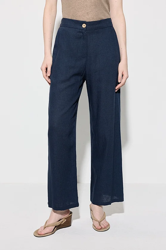 Wide Leg Linen Pants - Navy Blue - Gusto