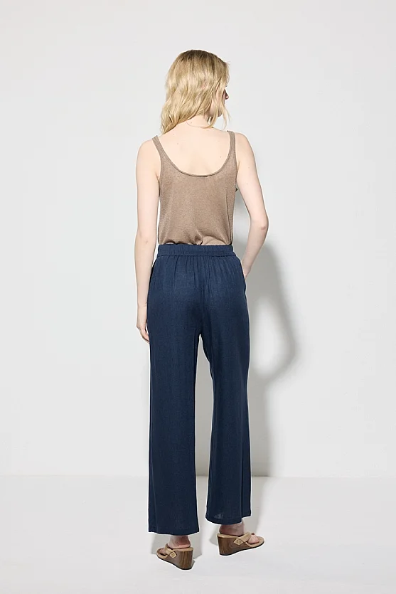Wide Leg Linen Pants - Navy Blue - Gusto