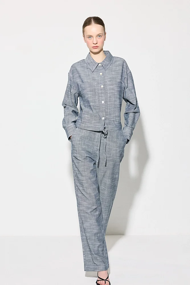 Wide Leg Linen Pants with Rope Belt - Navy Blue - Gusto