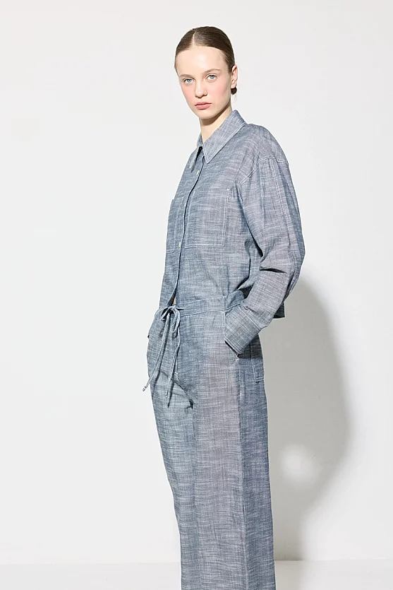 Wide Leg Linen Pants with Rope Belt - Navy Blue - Gusto