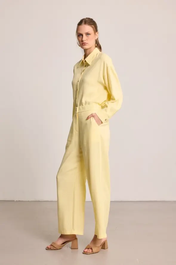 Wide Leg Linen Pants - Yellow - 4