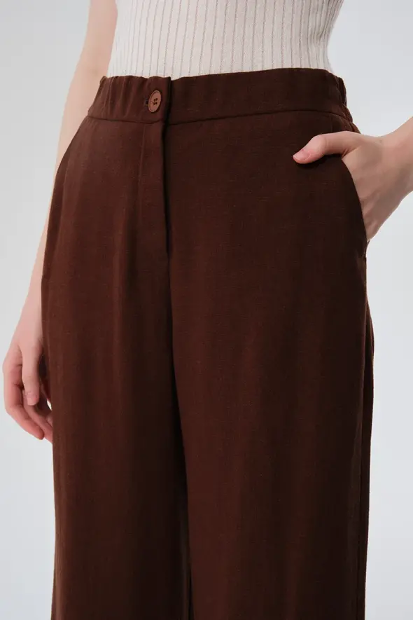 Wide Leg Linen Trousers - Brown - 5