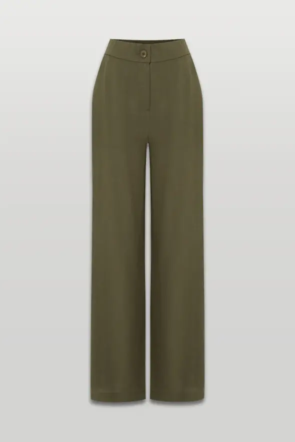 Wide Leg Linen Trousers - Khaki - 1